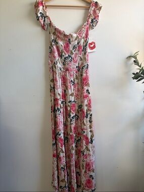 Hot Kiss Pink and Cream Floral Smocked Midi Dress